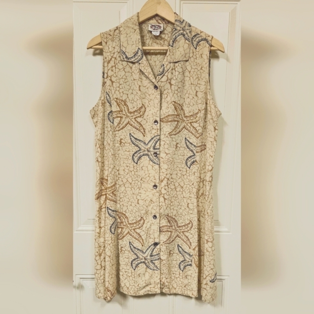 vintage starfish print sleeveless rayon shirtdress size M